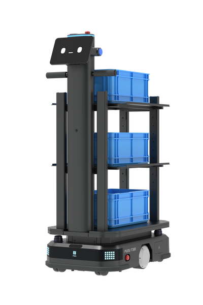 Pudu t300 warehouse delivery robot carrying boxes with shelf accessory